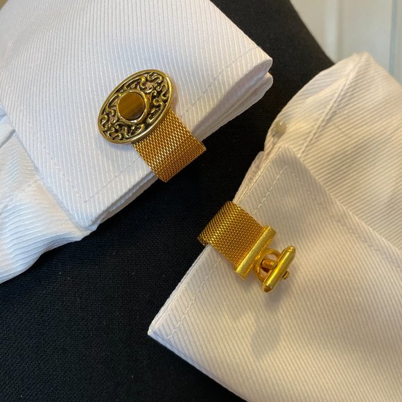 Gold Mess Cufflink with Oval Filigree Shape/Round Tiger Stone - Vintage 1970's - Picture 4 of 9